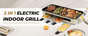 pukomc electric indoor grill,2 in 1 indoor grillsfor kitchen with grill net & non stick cookingremovable plate, temperature control,dishwasher safe, 1800w smokeless barbecueuniversal griddle